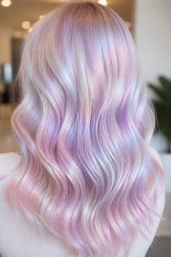 Holographic Opal shifts between soft pink, lilac, and blue depending on the light, achieved by layering multiple translucent pastel glazes over a platinum base for an iridescent effect.