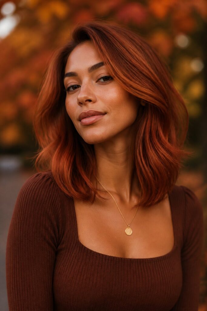 Burnt Sienna Copper is a warm, earthy red-orange inspired by autumn foliage, blended through mid-lengths and ends for a natural gradient that flatters warm and golden skin tones.