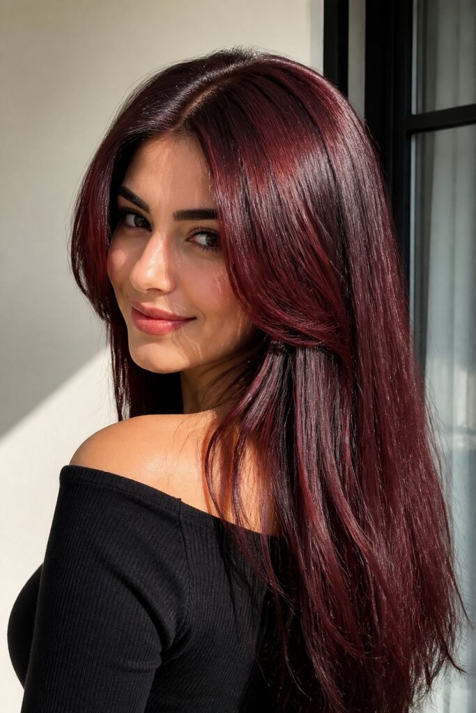 Black Cherry deepens a near-black base with a translucent cherry-red glaze visible mainly in sunlight, giving a moody, dramatic red that still reads as brunette indoors.