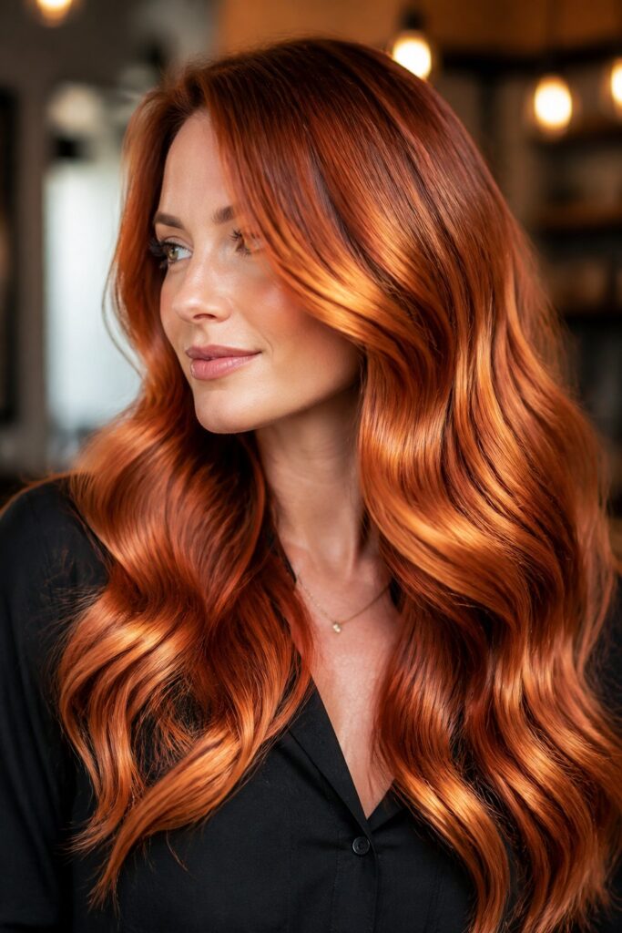 Molten Copper is a high-shine, saturated copper applied all-over or through a balayage for a look that mimics liquid metal, best suited to medium-depth bases that don't require heavy lifting.
