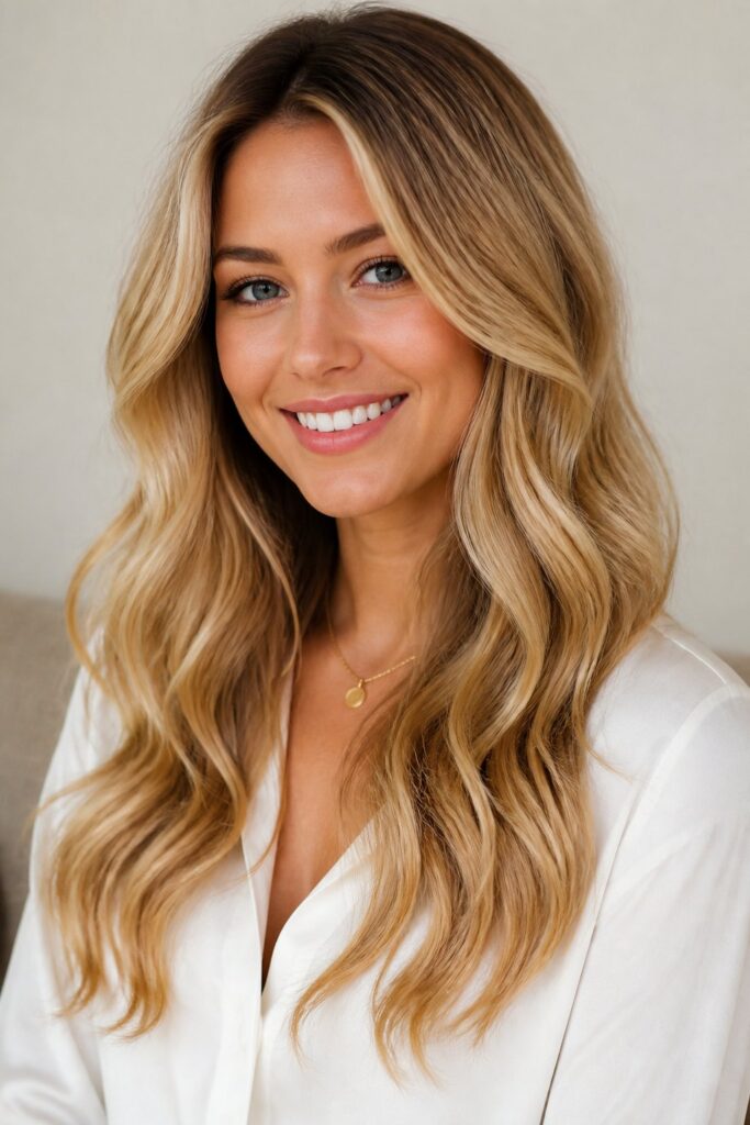 Teddy Bear Blonde is a warm, honey-toned blonde with soft caramel roots that grows out gracefully, mimicking a natural sun-kissed base rather than an obviously colored one.