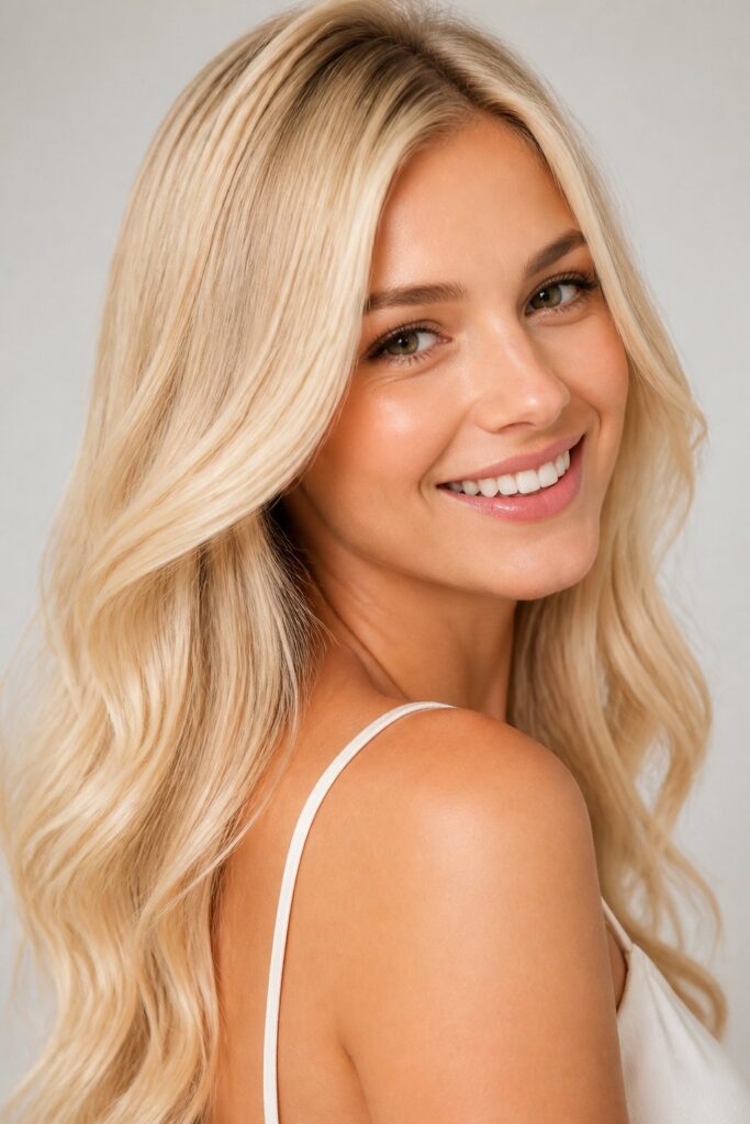 Golden Vanilla softens platinum with a warm, creamy undertone, giving a bright blonde that still looks warm and wearable rather than stark.