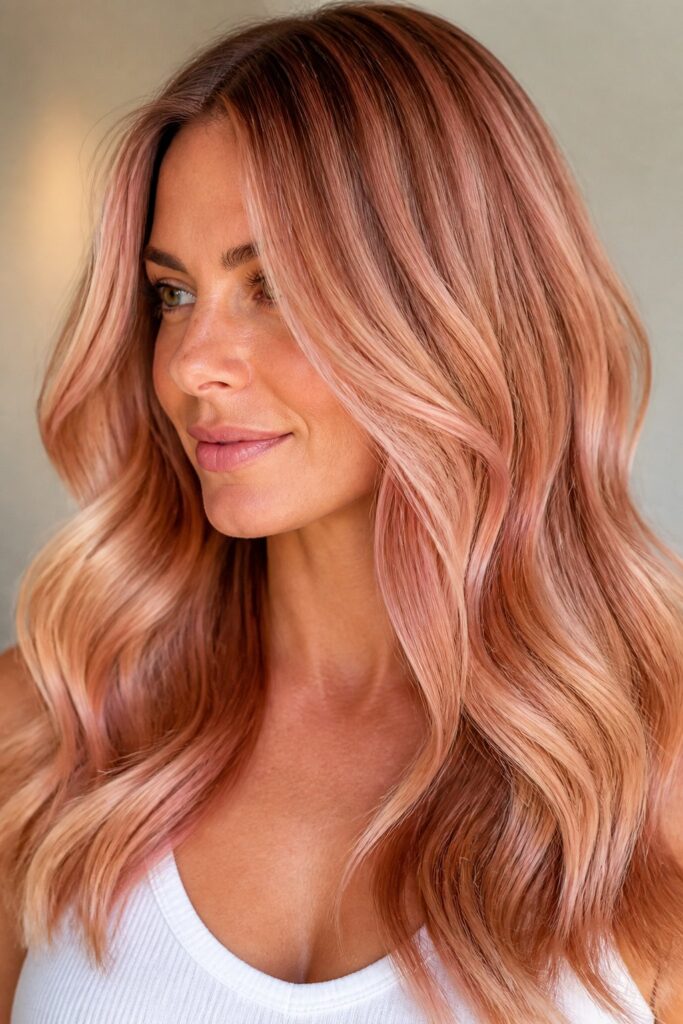 Rose Gold Fusion blends warm copper, soft pink, and golden blonde to achieve a luminous, face-framing glow. 