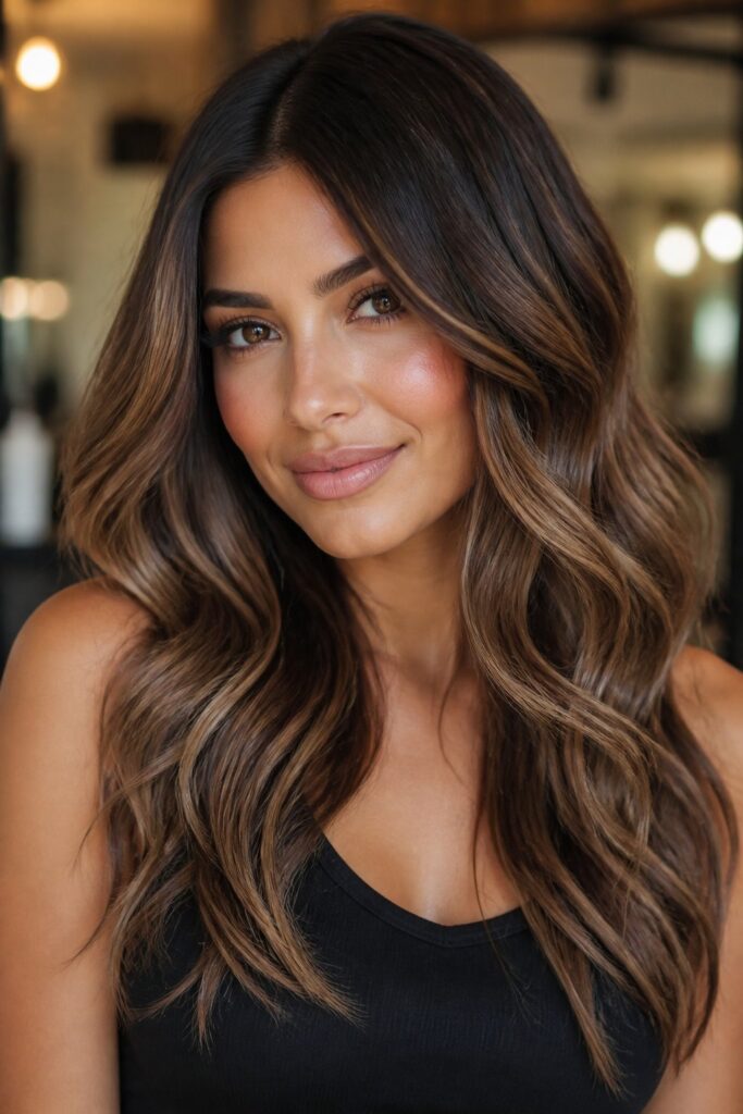 Blended Bronze is a multi-dimensional brunette that mixes ash-brown roots, warm bronze mid-lengths, and subtle caramel balayage.
