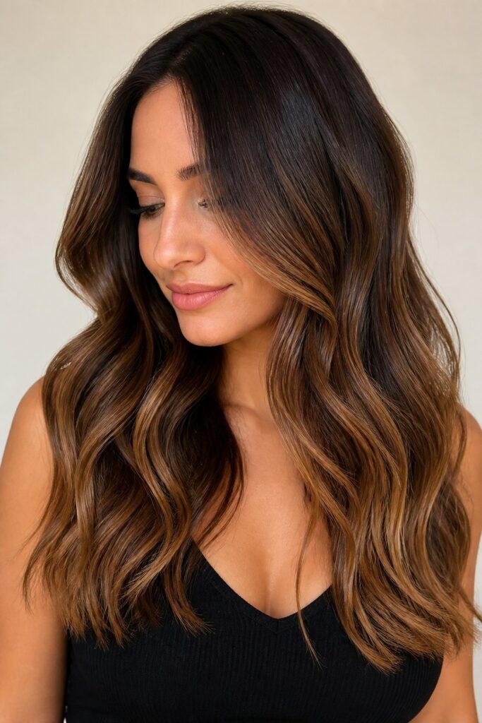 Caramel Balayage Brunette hand-paints warm caramel highlights through a brown base, concentrated toward the ends for a sun-kissed, low-maintenance dimensional look.