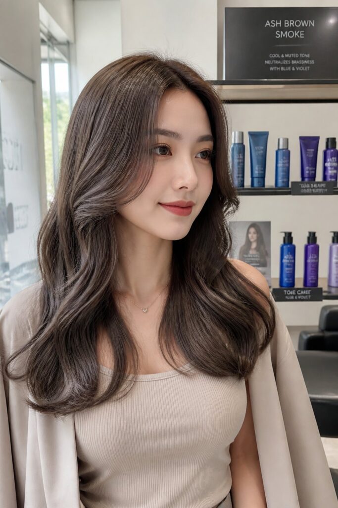 Ash Brown Smoke neutralizes warmth from a brown base for a cool, muted finish that's especially popular for covering brassiness in previously colored hair.