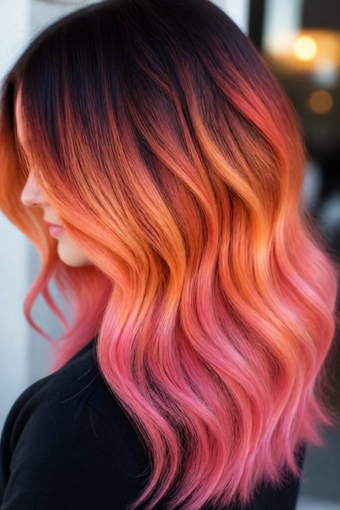 Sunset Ombre graduates from a deep root through amber, orange, and soft pink toward the ends, mimicking a gradient sky for a bold, blended statement.