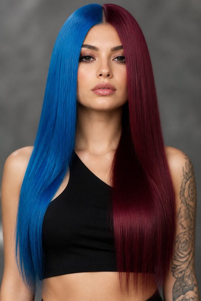Two-Tone Split Dye divides hair into two contrasting solid colors, often down a center or side part, for a maximalist, editorial statement.