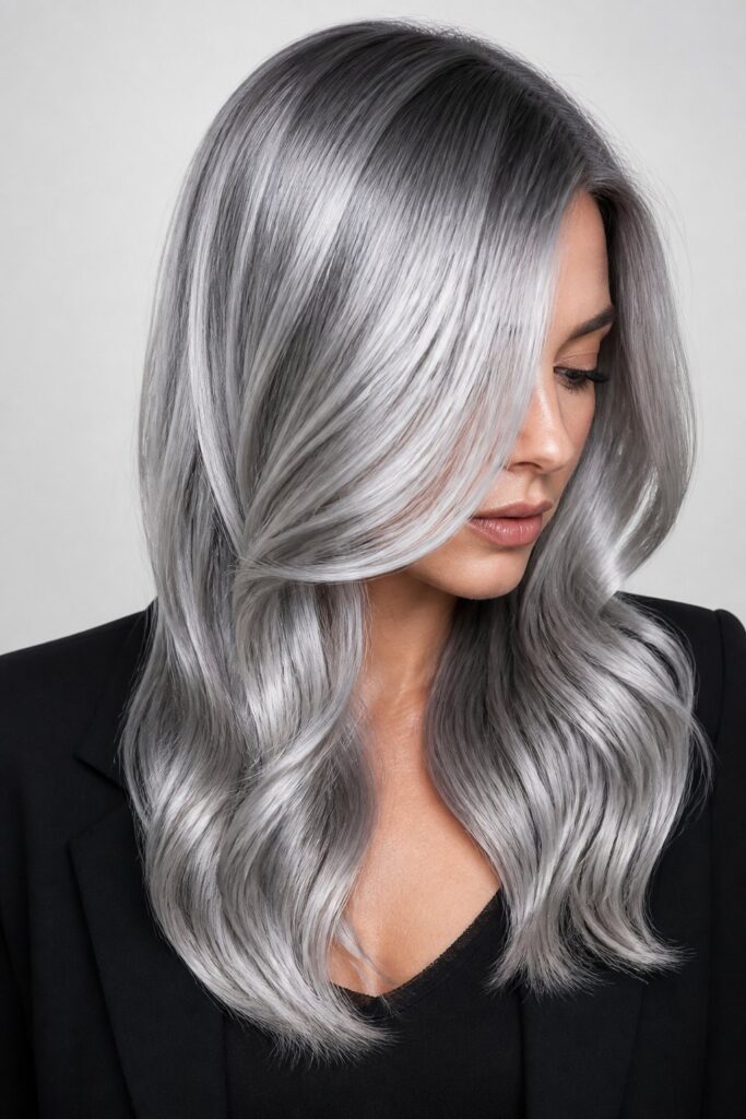 Metallic Silver Chrome achieves a mirror-like, cool gray finish through full pre-lightening and a chrome-toned glaze, popular as both a full-head and placement option.
