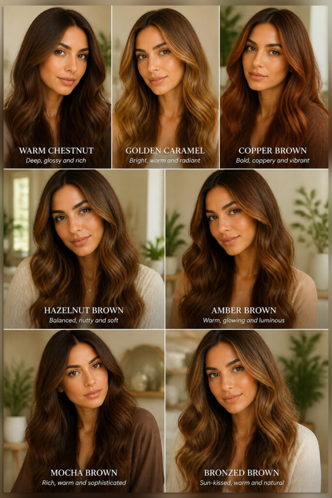 Olive skin has green or golden undertones and tends to look stunning in warm, earthy light brown shades that complement rather than compete with its natural depth.