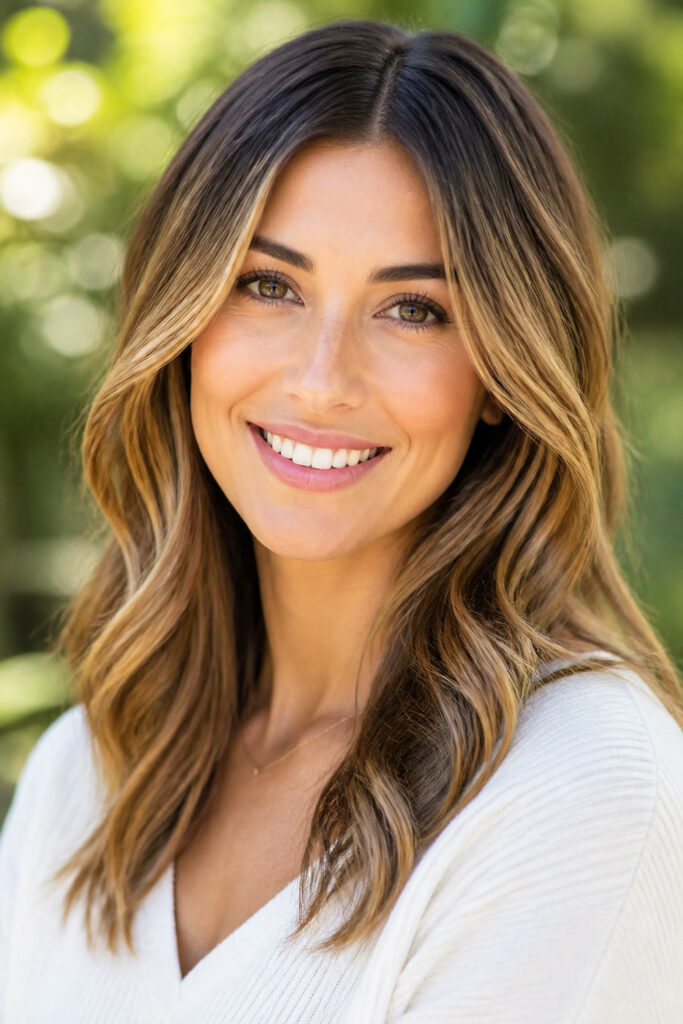 Woman with soft light brown balayage hair smiling outdoors