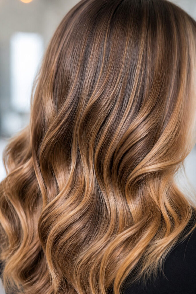Close-up of honey brown balayage hair with soft waves