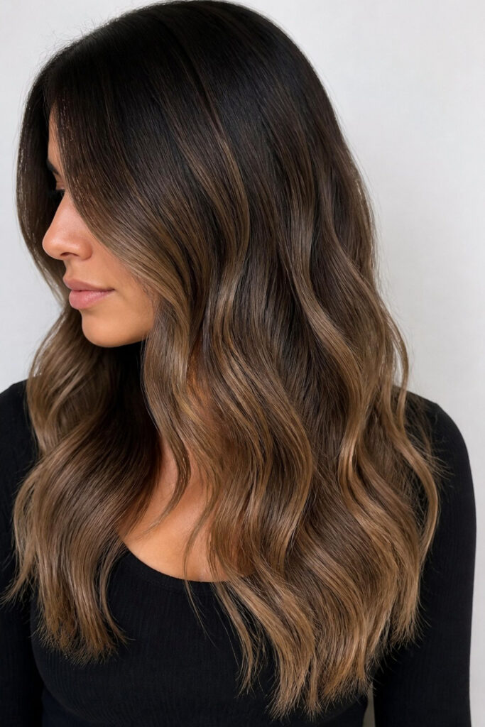 Root melt balayage transitioning from dark roots to light brown ends