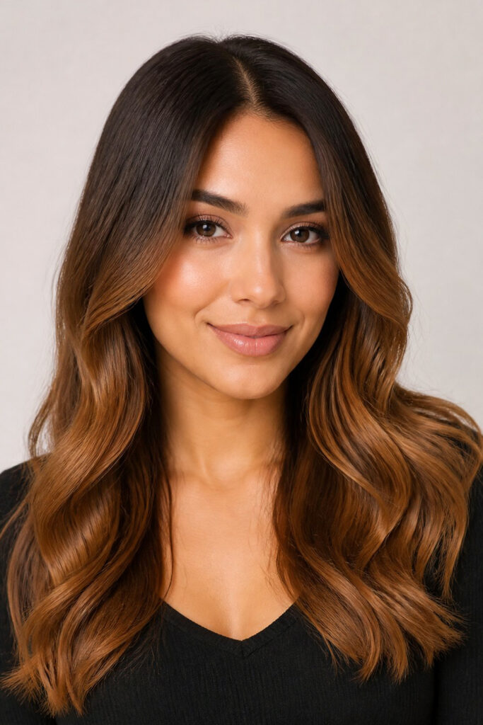 Two-tone brown hair with dark roots and light brown ends