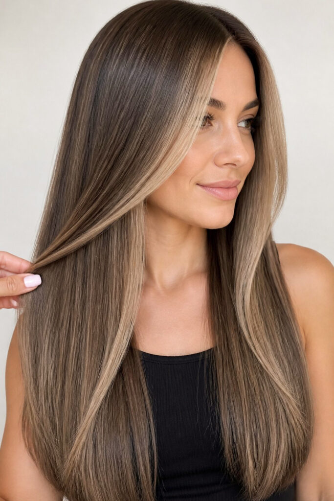 Cool ash and taupe brown shades look especially sleek and polished on straight hair.