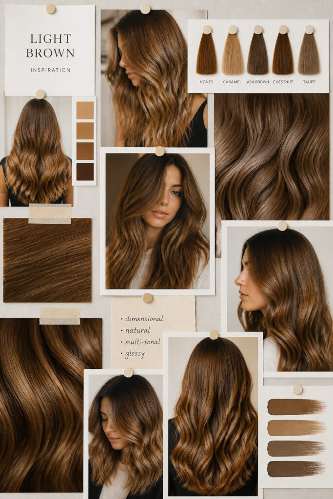 Collage-style hair inspiration board featuring various light brown tones