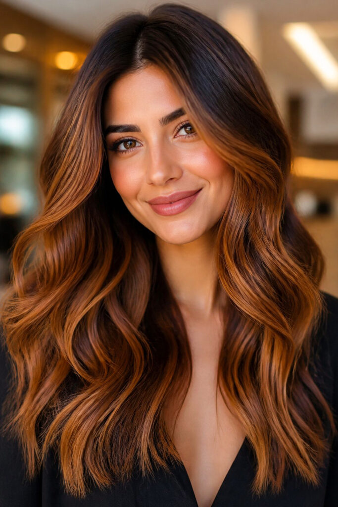 Copper caramel balayage with vibrant warm tones