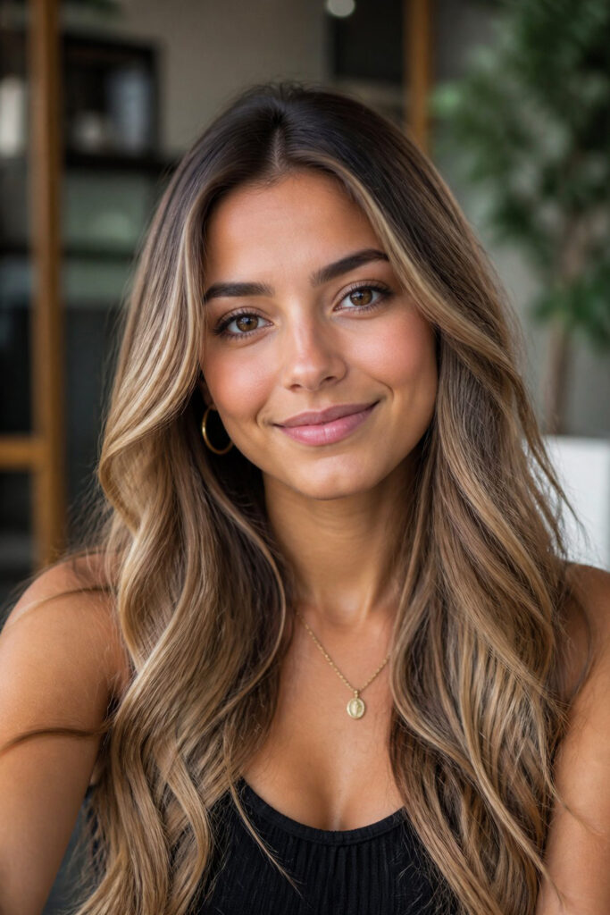 Caramel highlights blended into ash blonde hair