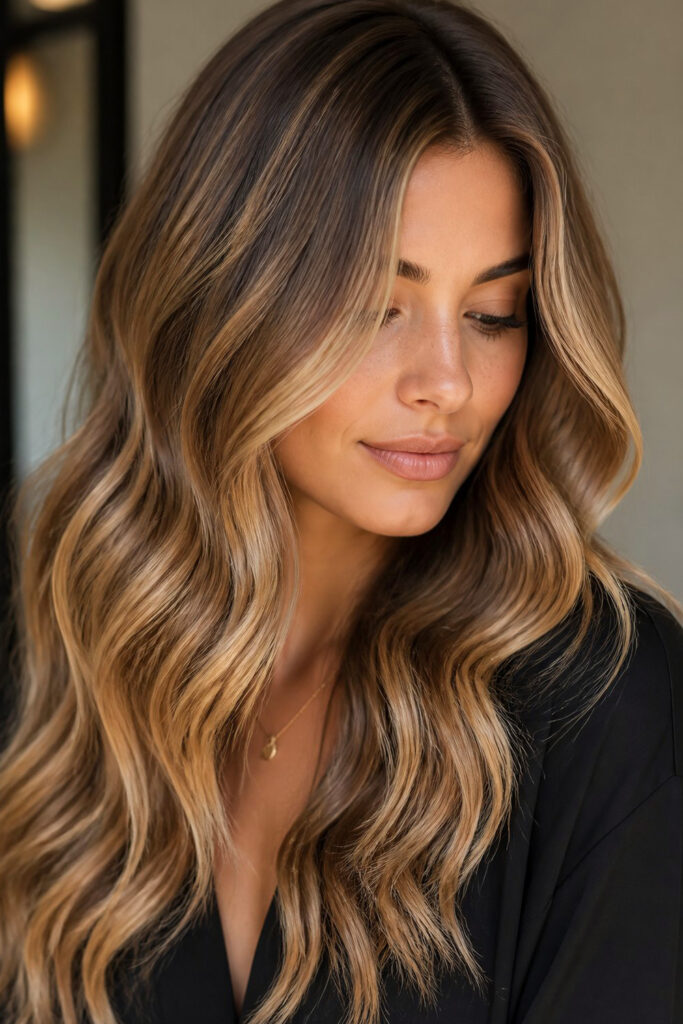 Latte caramel balayage styled in loose waves
