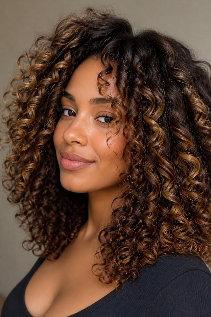 Caramel balayage on curly textured hair