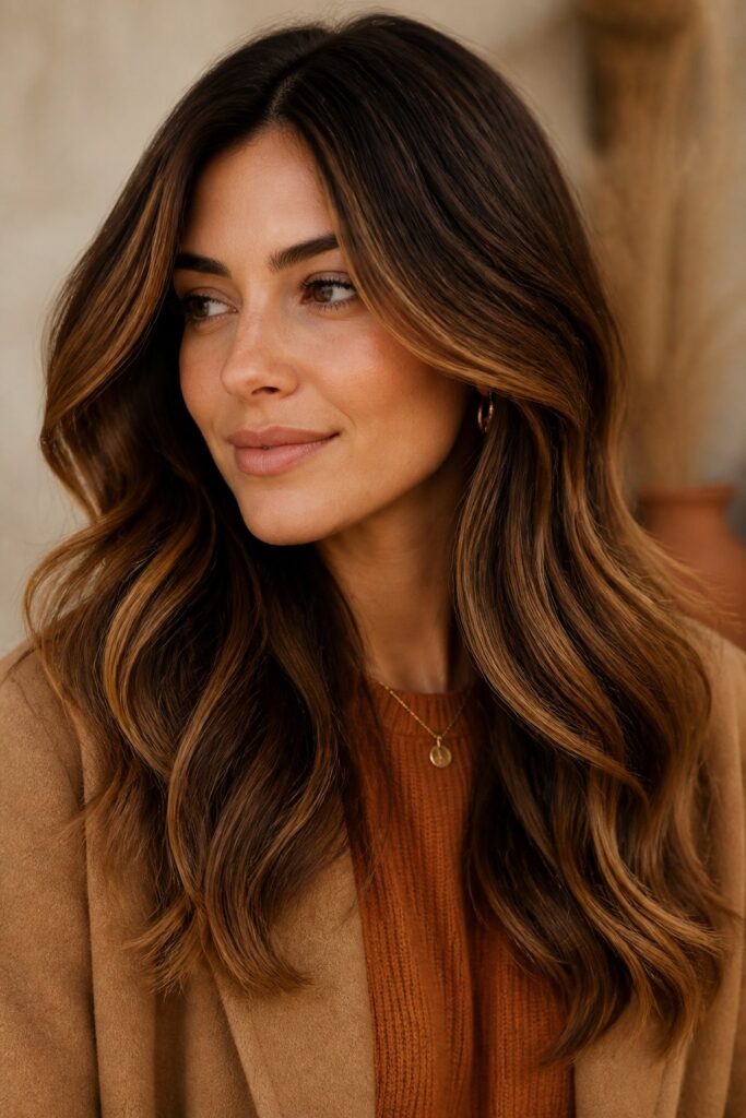 This is the look most people picture when they hear “caramel balayage.”