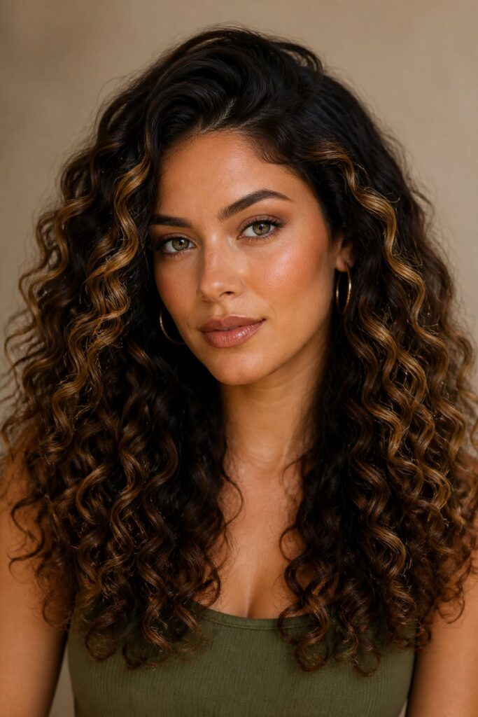 On naturally dark or black hair, caramel balayage creates striking contrast without a full color overhaul.