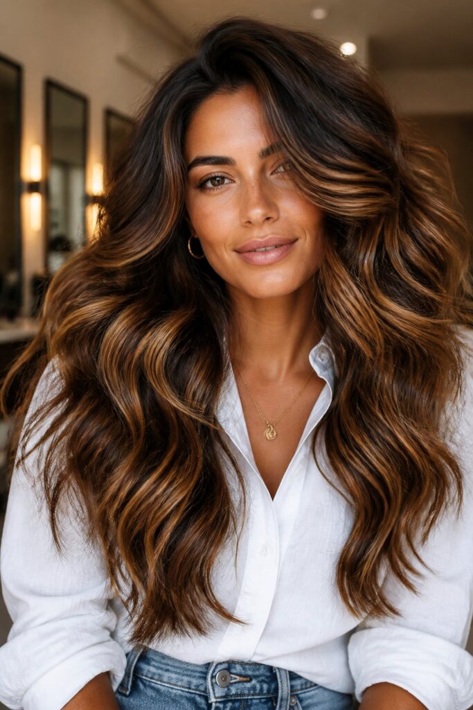 Thick hair can handle bigger, bolder caramel sections that show up clearly even through dense layers.