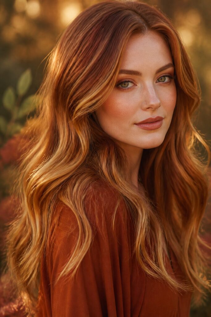Adding caramel balayage to a natural or dyed red base creates a warm, sunlit effect that enhances red hair’s natural richness. 