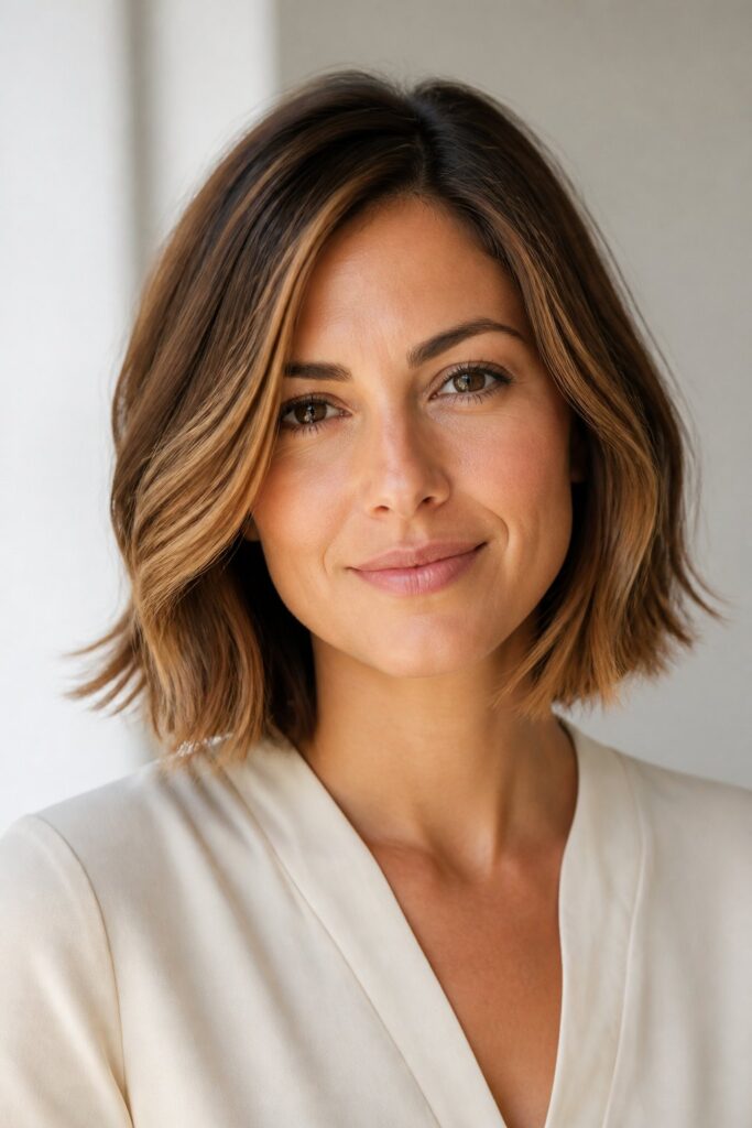 A chin-to-shoulder bob paired with caramel tones feels modern and polished without much daily effort. 