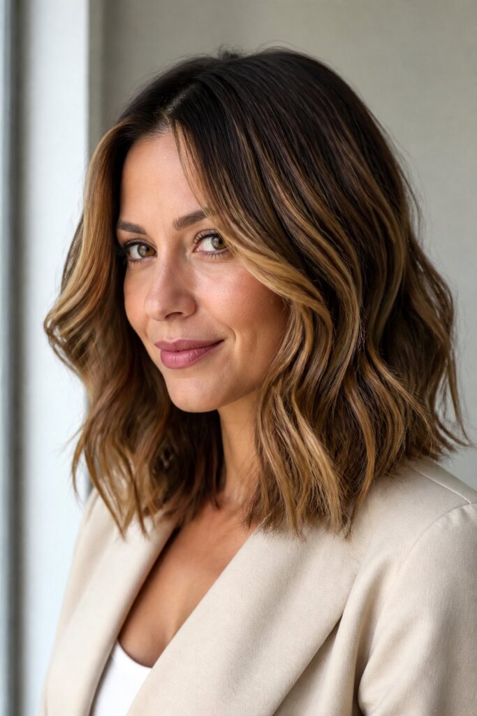 The long bob offers a perfect middle ground for caramel tones to flow naturally with soft waves.