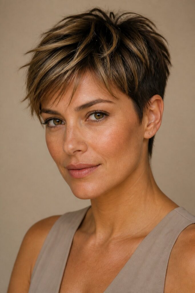 A bold, cropped pixie gets unexpected dimension from soft caramel pieces placed around the crown and fringe. 
