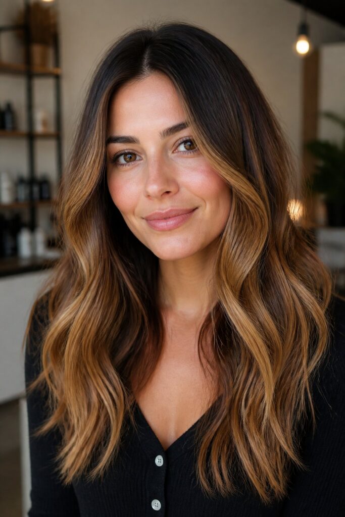 Keeping the natural root color intact and blending caramel from the mid-lengths down creates one of the lowest-maintenance balayage styles available.