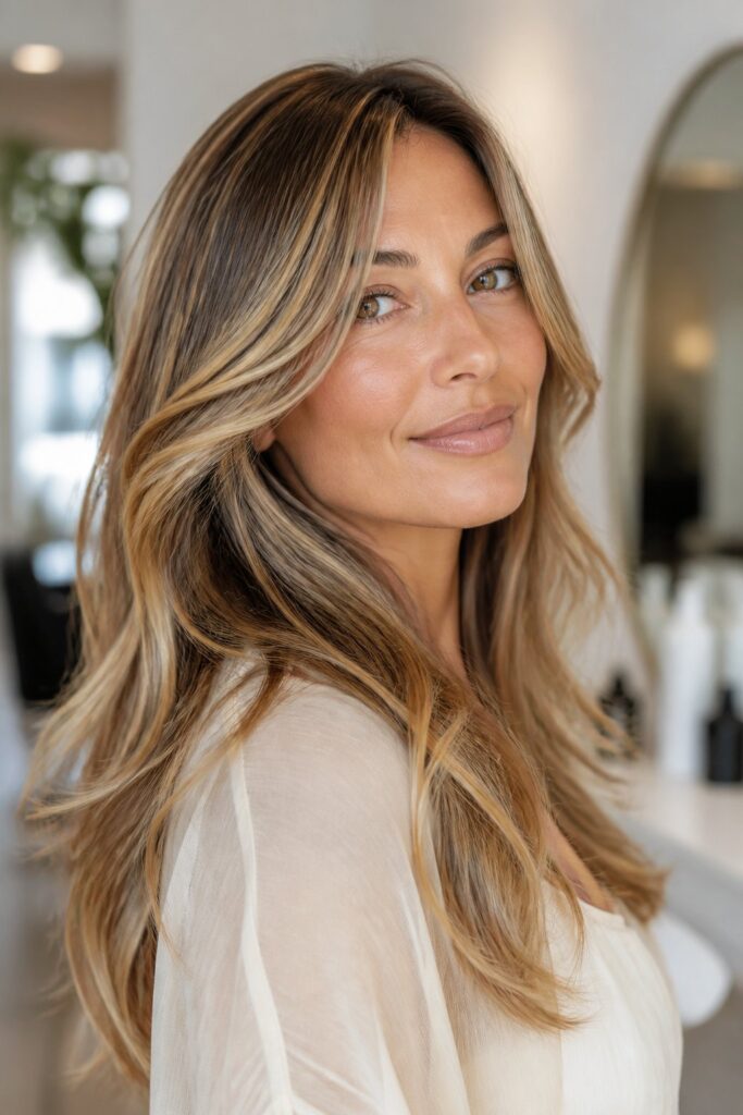 Blending warm caramel with cooler blonde pieces creates a rich, multi-tonal finish that looks sun-kissed year-round. 