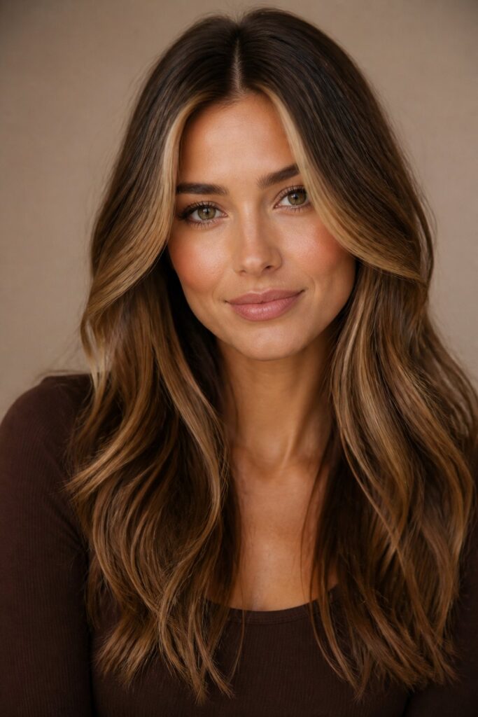 Concentrated caramel pieces around the hairline brighten the complexion instantly, similar to a money piece but softer and more blended overall. 