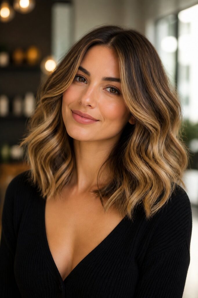 Shoulder-to-collarbone length gives caramel balayage a balanced, easy-to-style canvas that suits nearly all face shapes.