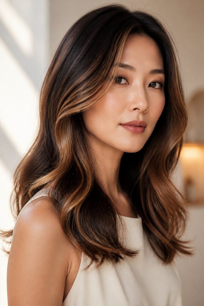 Thick, naturally dark strands take beautifully to caramel balayage with a careful, gradual lightening process for even, warm results.