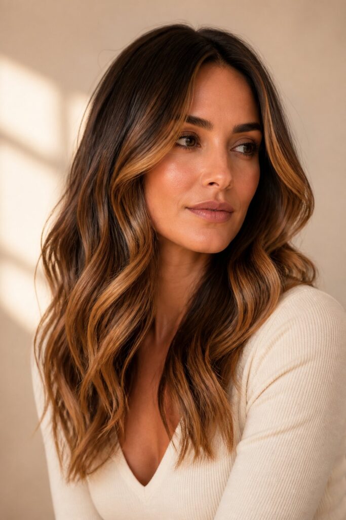 A deliberately shadowed root blending into caramel lengths creates a low-maintenance, high-contrast look that grows out gracefully.