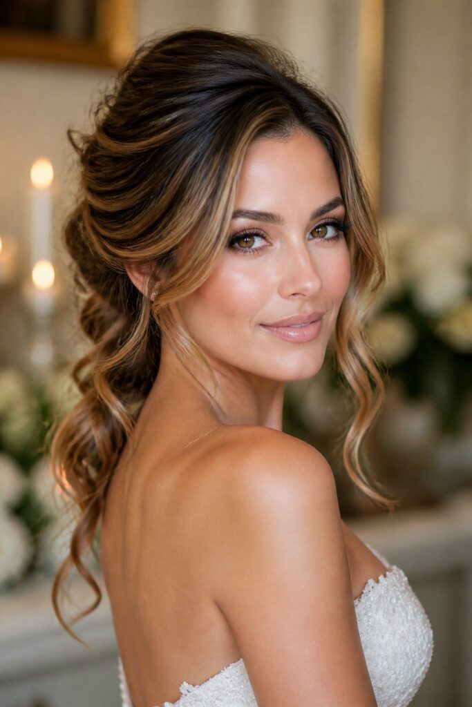 Soft, romantic caramel tones photograph beautifully in updos and half-up bridal styles, adding warmth without overpowering the overall look. 