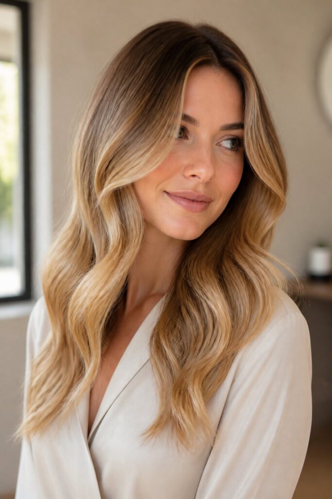 This technique blends a soft, darker root into golden lengths, flattering warm and neutral skin tones on round or oval faces with medium to thick hair.