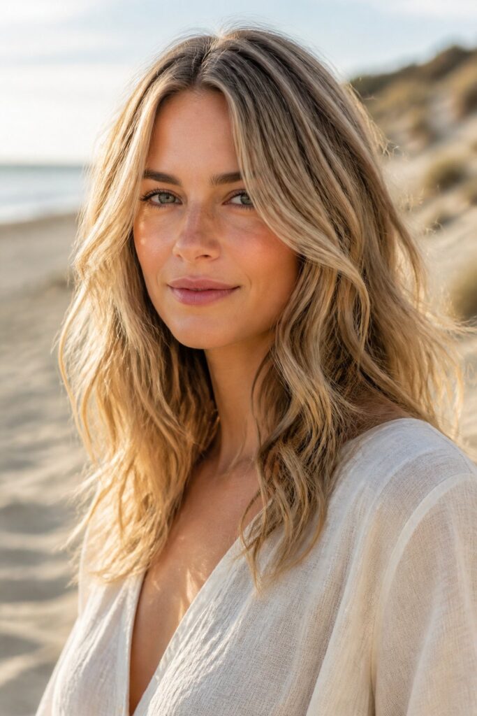 Sandy blonde is a neutral, beachy shade that flatters nearly every skin tone and face shape, working well on fine to medium hair with loose beach waves.