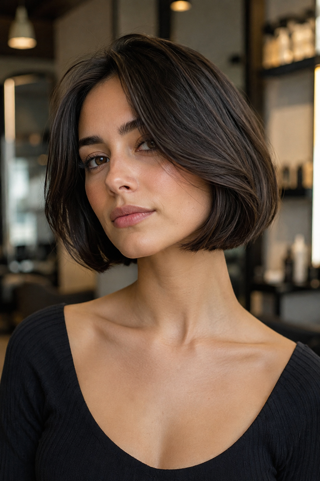 A chin-length Italian bob creates a clean and sophisticated silhouette.