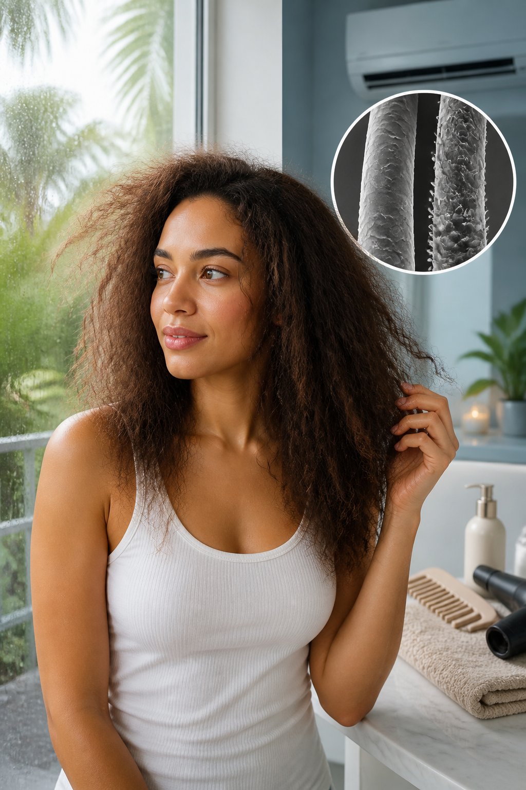 Dry hair often lacks enough internal moisture and protective oils. Its cuticles may not lie flat, so the hair absorbs water from humid air quickly.