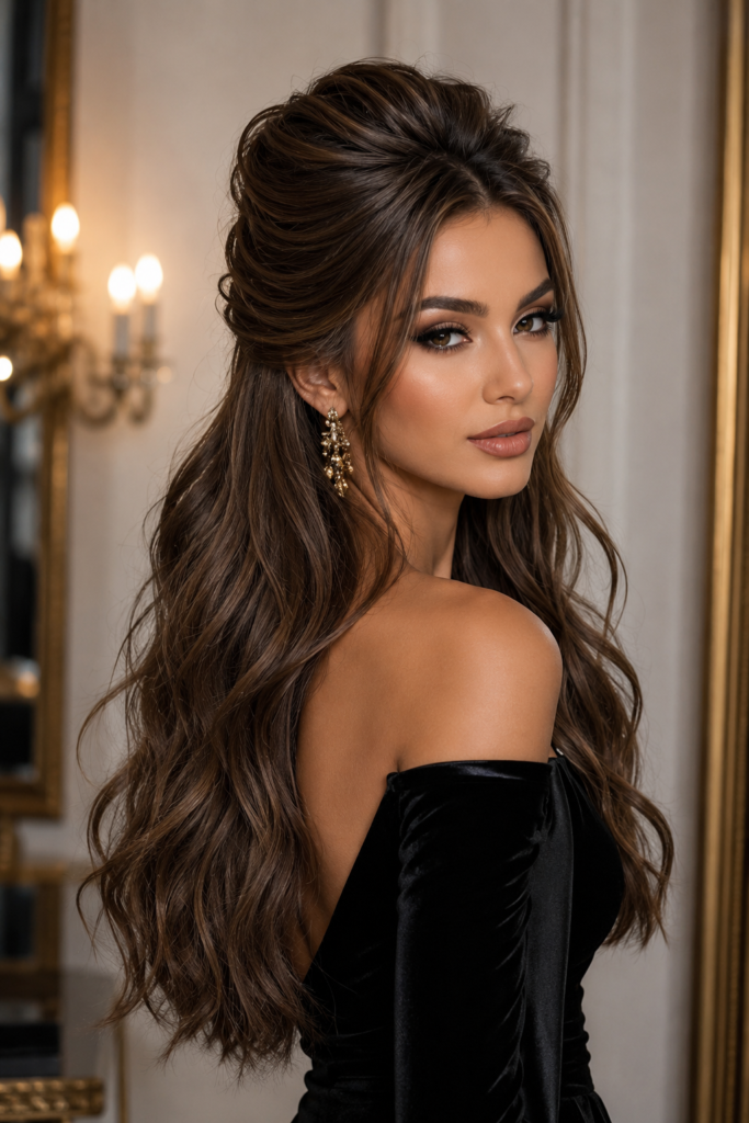 Voluminous half-up hairstyle with a lifted crown and full curls through the lengths.