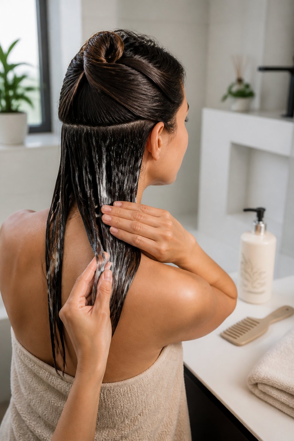 Apply hair conditioner from the middle of your hair to the ends. These areas usually need more hydration than your scalp and can become rough when exposed to humid air.