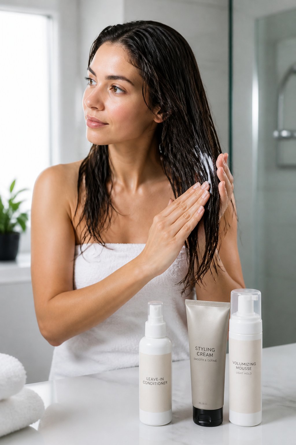 Start with a small amount of leave-in conditioner on towel-dried hair. Work it through the middle and ends, where dryness and frizz usually appear.
