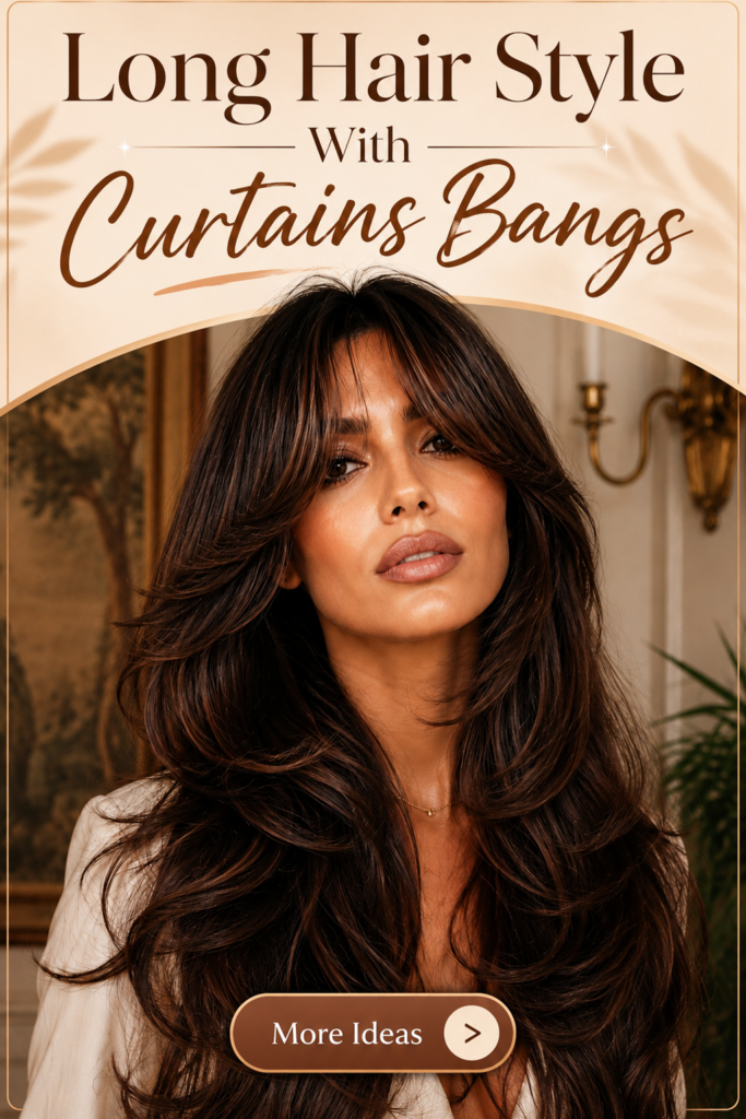 Long Hair Style With Curtains Bangs