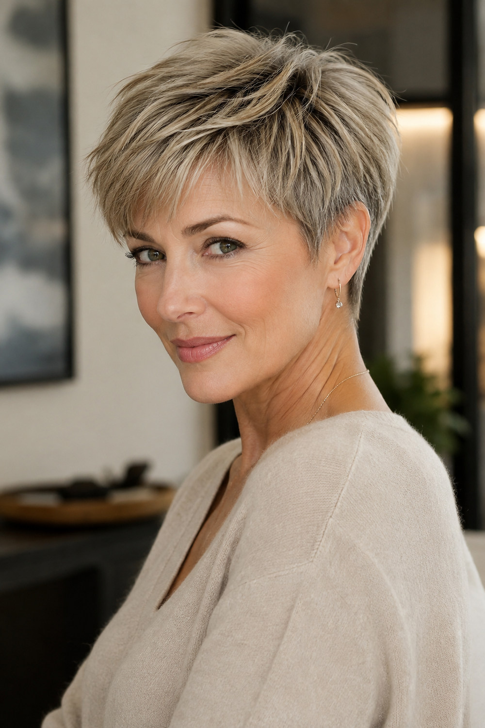 A mature woman with a textured pixie and soft fringe that creates light, airy fullness.
