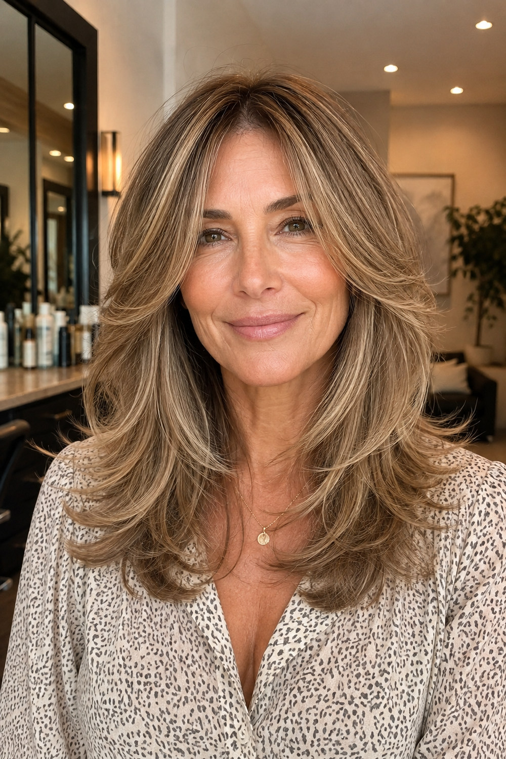 A mature woman with medium-long feathered layers that lift at the roots and sweep at the ends.