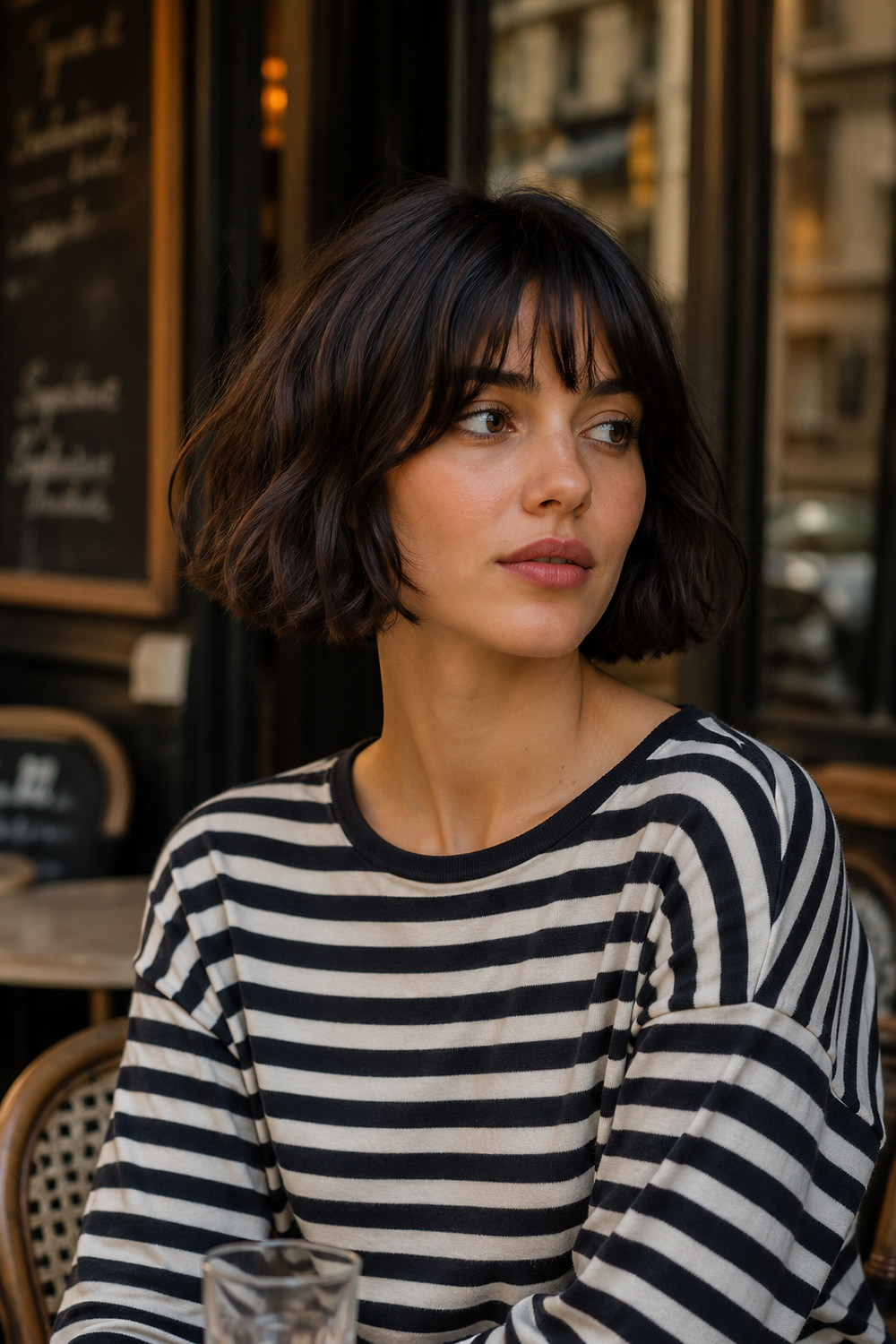 A woman wearing an undone chin-length French bob with soft bangs at a cafe.