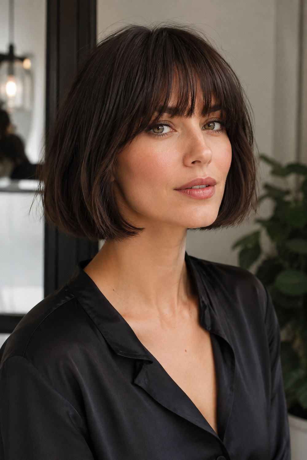 A woman with a chin-length bob and full soft bangs framing the face.